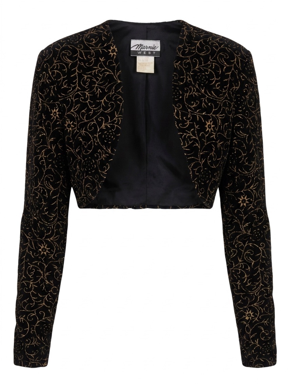 Marnie West Women's Black Velvet Cropped Bolero with Gold Scroll Embroidery